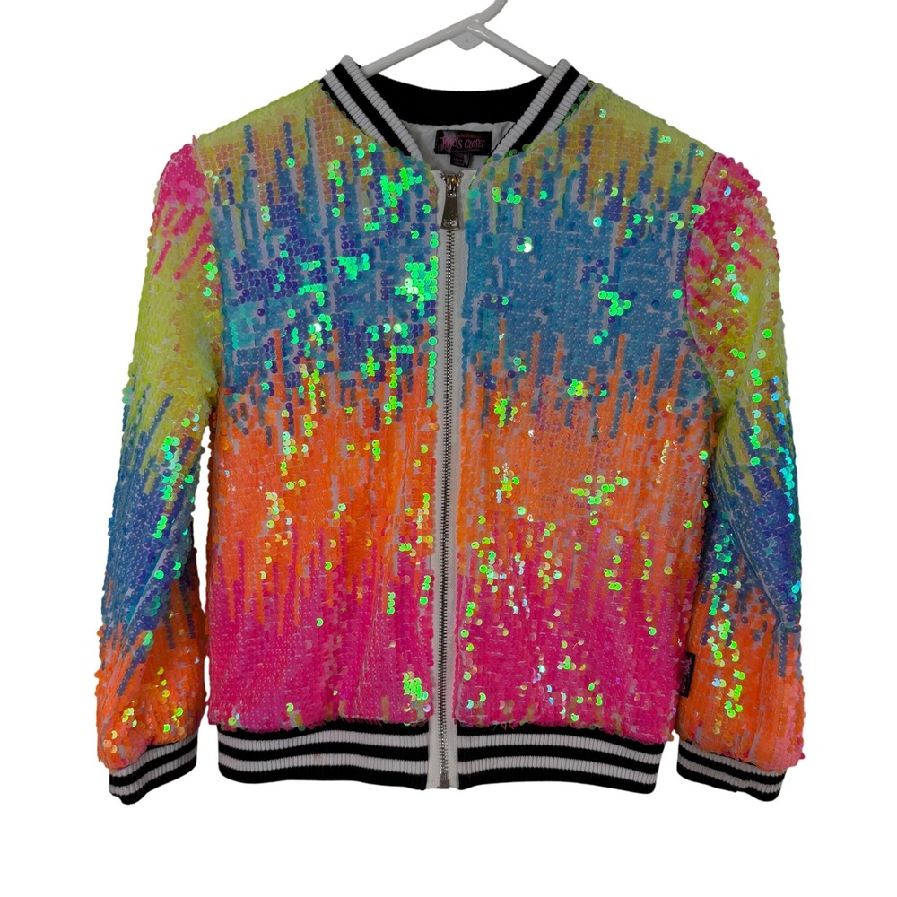Jojo Siwa Girls Sequins Bomber‎ Jacket Tie Dye Rainbow Zip Up Size LG 10-12